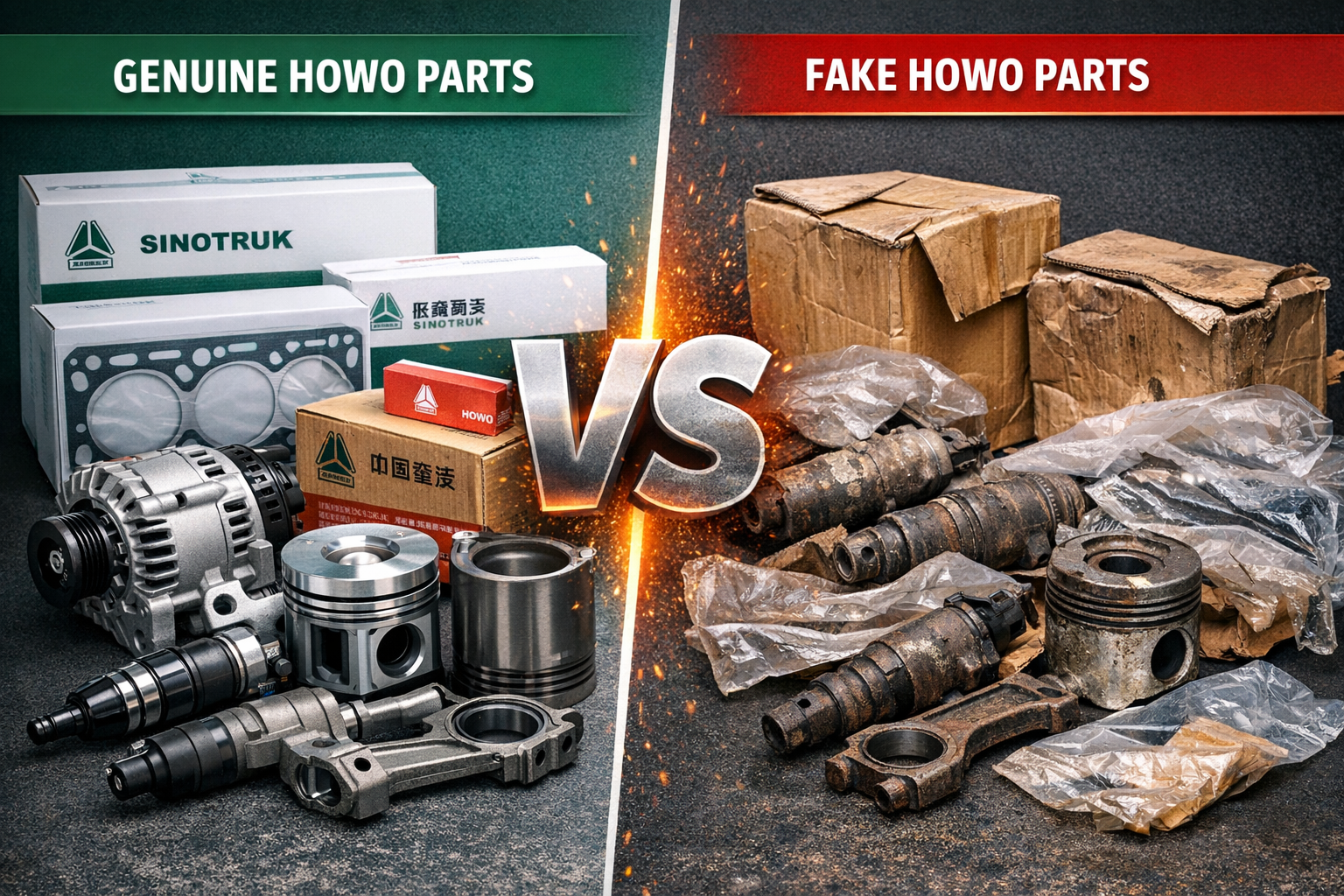 Genuine HOWO engine parts compared with fake spare parts